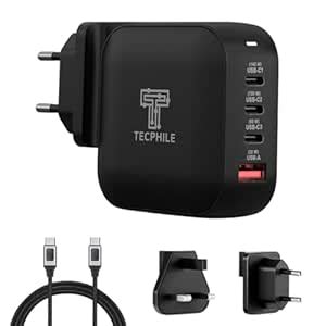 TECPHILE 165W Gan Charger With Fast Charging Cable,4 Port(3 TYPE C + 1 ...