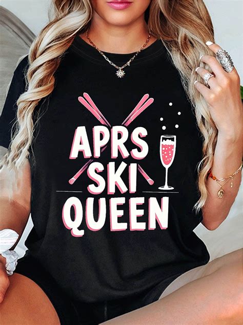 APRS Ski Queen Womens Black T shirt with Pink Ski and Champagne Graphic ...