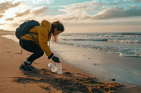 Un écologiste ramassant des déchets plastiques sur une plage ...