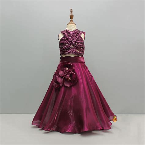 Pre Order: Magenta Wine Sequin Embellished Halter Neck Top With Stiff