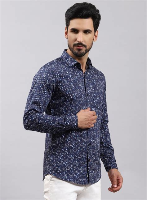 Buy Men Navy Blue Printed Pure Cotton Shirt Online in India - Monte Carlo