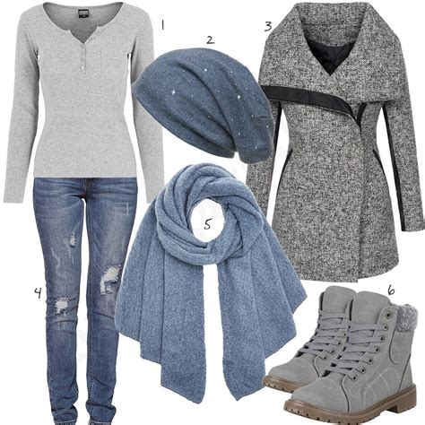 Light gray-blue womens outfit with coat & boots - outfits4you.de - Chic ...