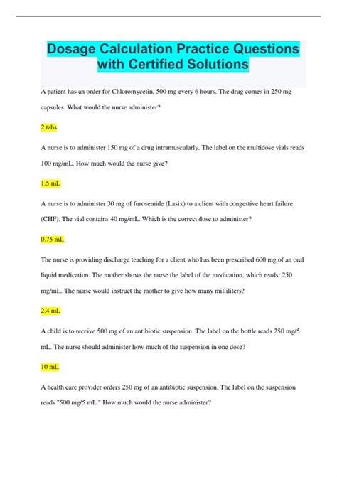 Dosage Calculation Practice Questions with Certified Solutions - Dosage ...