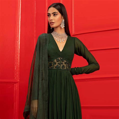 Green Solid-Handwork Georgette Gown With Dupatta