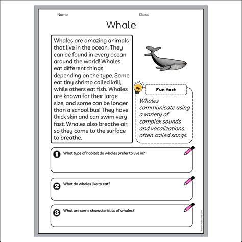 Whale | Reading Passage Comprehension Questions Writing Facts Workshee ...