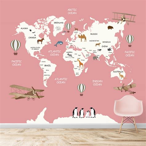 Pink Worldmap Wallpaper for Girls Bedroom Walls, Kids Wallpapers | Life ...