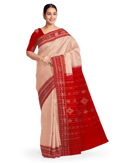 Peach and Red Cotton Sambalpuri Saree with Sambalpuri Ikat blouse ...