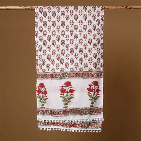 Buy White & Red Block Print Cotton Sanganeri Stole with Tassels ...