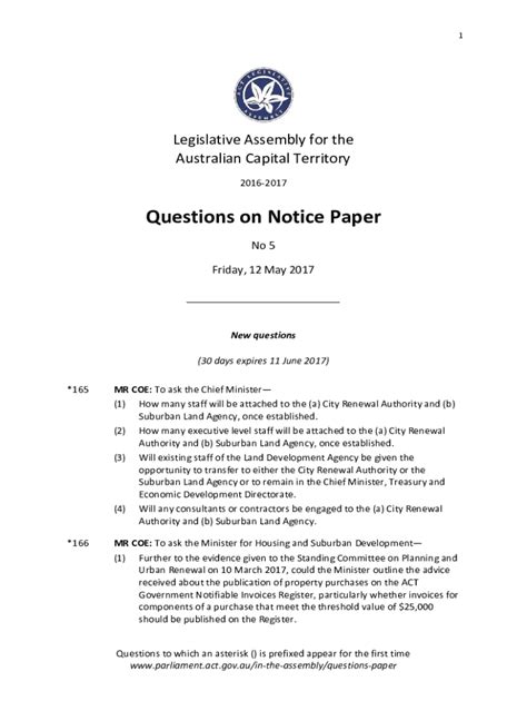 Fillable Online Questions on Notice Paper - ACT Legislative Assembly ...