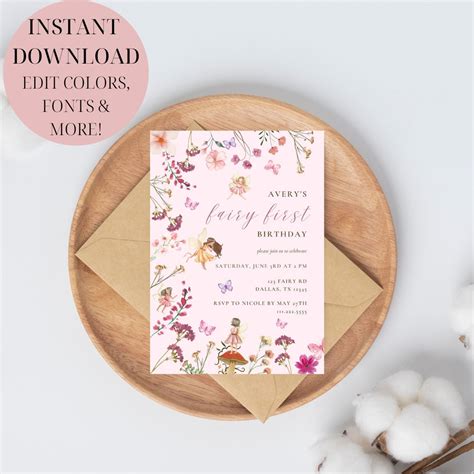 Editable Fairy First Birthday Invitation Fairy 1st Birthday Template ...