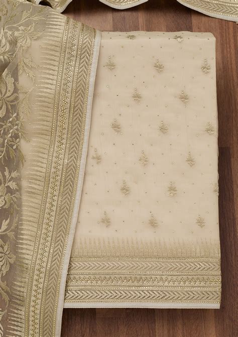 Buy Pista Green Threadwork Tissue Unstitched Salwar Suit - Koskii