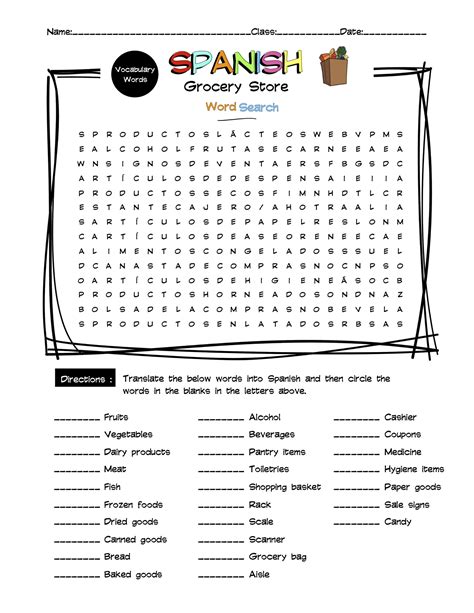 Spanish Grocery Store Vocabulary Word Search & Answer Key | Made By Teachers