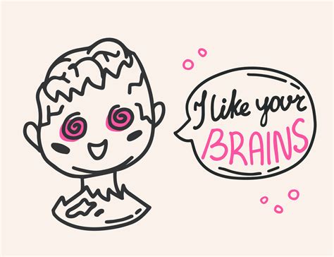 Zombie with brains speech bubble hand drawn vector character. Cute ...