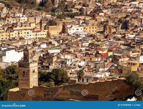 Old Ancient City Ruin Wall and Downtown of Fes, Morocco Stock Photo ...