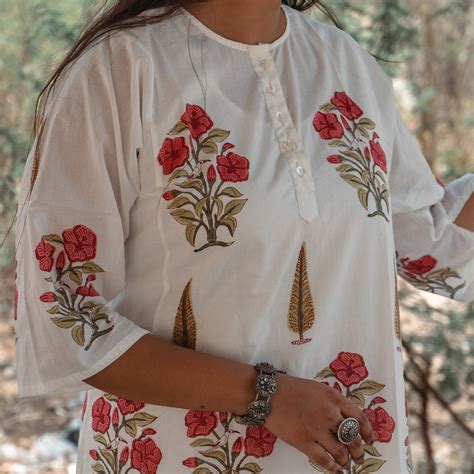 Royal Mughal Bird - Hand Block Printed Mughal Butta Design Cotton Kurta ...