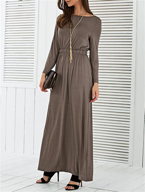 2018 Long Sleeve Waisted Maxi Dress In Coffee Xl | Rosegal.com