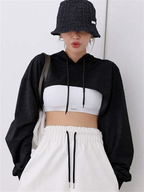 DAZY Solid High Low Hem Drawstring Hoodie Without Tank Top | SHEIN USA