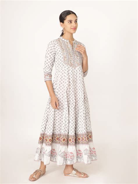 Parikala Hanblocked Anarkali Kurta With Hand Emb On Yoke for Women