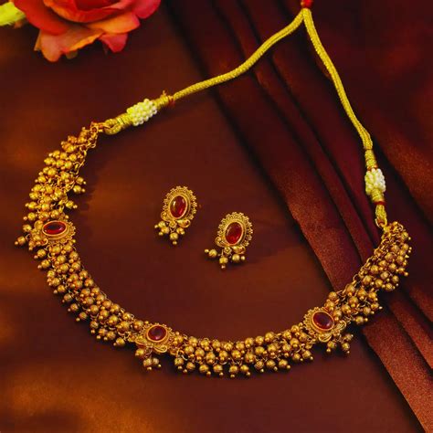 Bridal Temple Short Necklace Set – Antique Gold-Plated Ruby Design ...