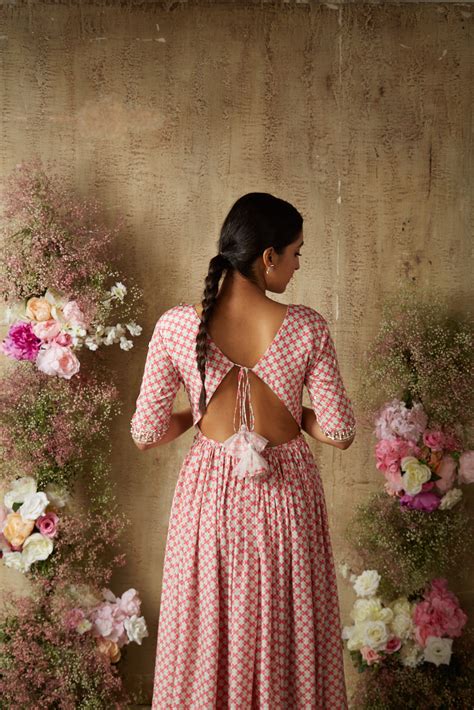 PINK SMALL PRINT OPEN BACK ANARKALI – Ria Shah Label