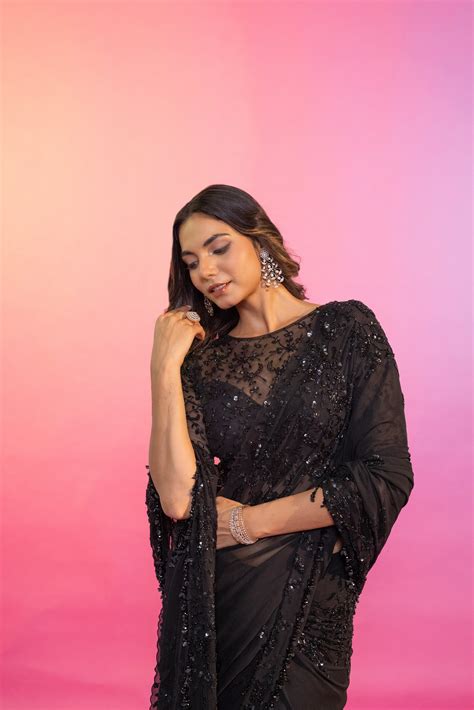 Buy Genie Black Hand Embroidered Georgette Saree with Tassles| Rouje ...