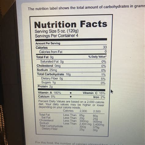 The nutrition label shows the total amount of carbohydrates in grams. One gram of carbohydrates ...