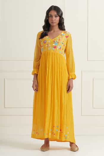 Buy Yellow Chanderi Embroidery V-neck Fit And Flare Dress For Women by ...