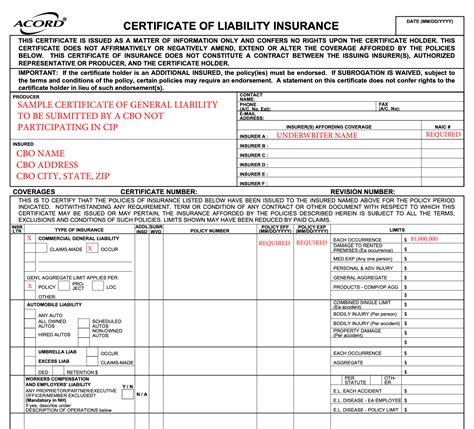 Certificate Of Liability Insurance Template