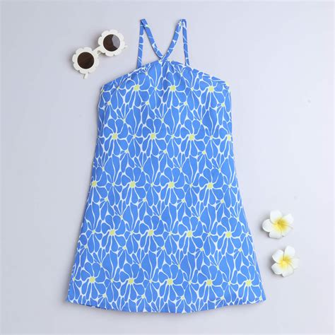 Shop Sleeveless Cross Neck A-Line Printed Dress- Blue Online – taffykids