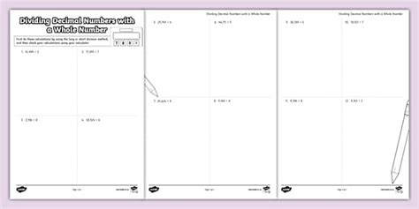 Dividing Decimal Numbers with a Whole Number Activity Sheet