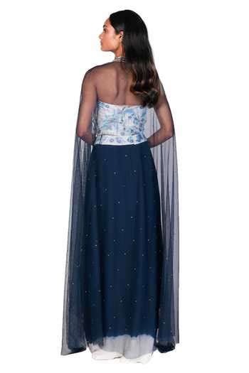 Buy Blue Satin Hand Painted Sweetheart Neck Sheer Cape And Skirt Set ...