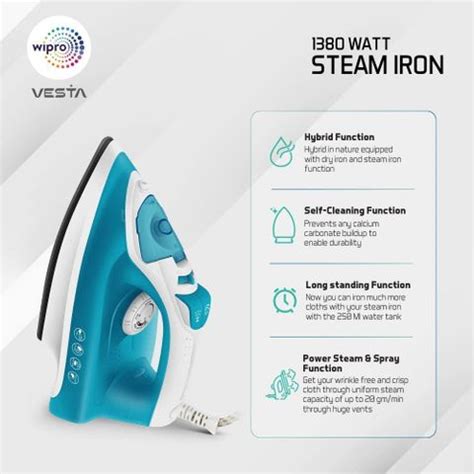 Wipro Vesta 1380Watt Powerful Steam Iron Vertical&Horizontal Steaming ...
