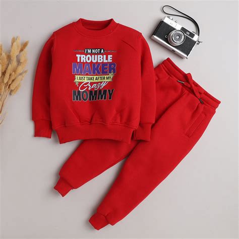 Knitting Doodles Kid's Red Round Neck Troublemaker Print Jogger Set-Re ...