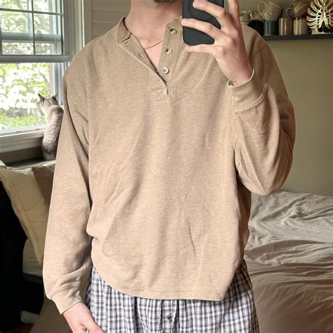 Tan long sleeve shirt quarter button *marking/stain... - Depop