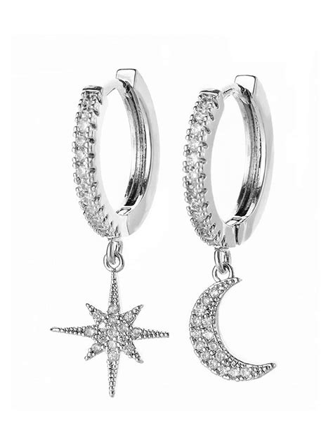 Cubic Zirconia Moon & Star Mismatched Drop Earrings | SHEIN USA