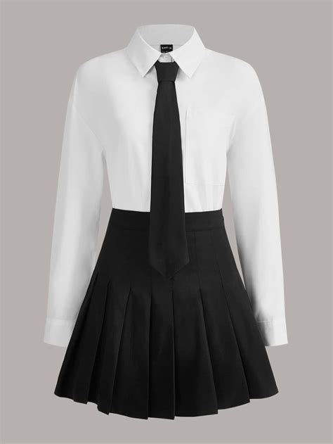 Solid School Shirt & Pleated Skirt With Tie | School skirt outfits ...