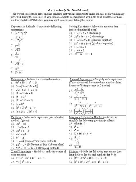 Image result for Free Precalculus Lessons and Worksheets