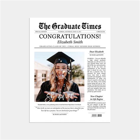 Graduate printable newspaper keepsake graduation gift for her graduation announcement ...