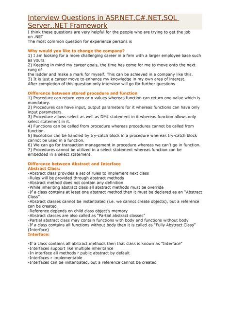 Interview Questions in ASP - NET,SQL Server,.NET Framework I think ...