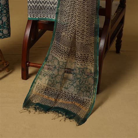 Green Natural Dyed Bagru Block Print Cotton 3pc Unstitched Dress Material