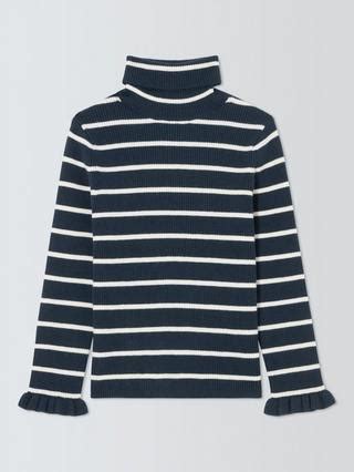 John Lewis Kids' Stripe Ruffle Cuff Roll Neck Top, Navy/White