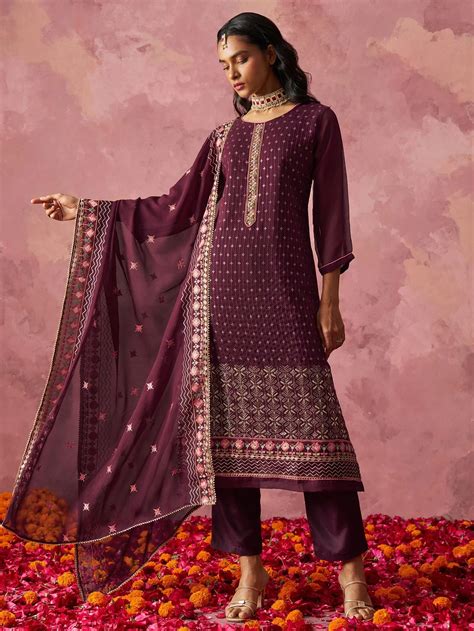 Buy Wine Beads Work Georgette Pant Suit From Ethnic Plus – Ethnic Plus In
