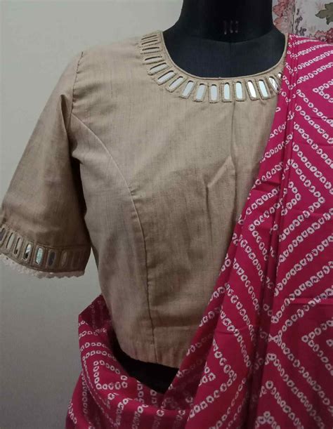 Buy Beige Khakhi Ready-to-Wear Blouse with Mirror Work | Godhuli