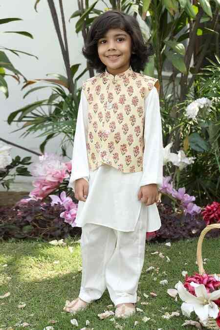 Buy White Cotton Block Print Nehru Jacket And Kurta Set For Boys by ...