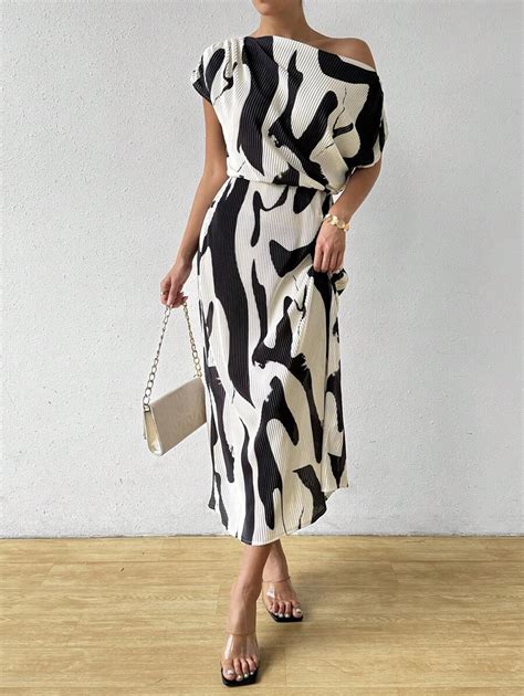 Chiquease Women's Asymmetrical Neck Dress With Printed Trim | SHEIN USA