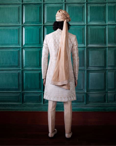 Buy Designer White Raw Silk Men Sherwani Set