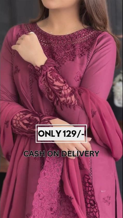 Purple Pure Chinon Kurti Pent and Dupatta Set With Embroidery Work ...