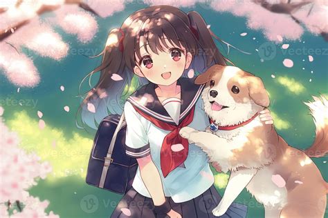 bonito anime colegio niña con un perro mirando a usted ilustración ...