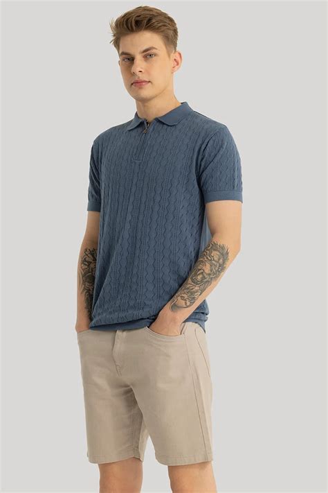 Buy Men's Ascent Stone Blue Knitted Polo T-Shirt Online | Snitch – SNITCH