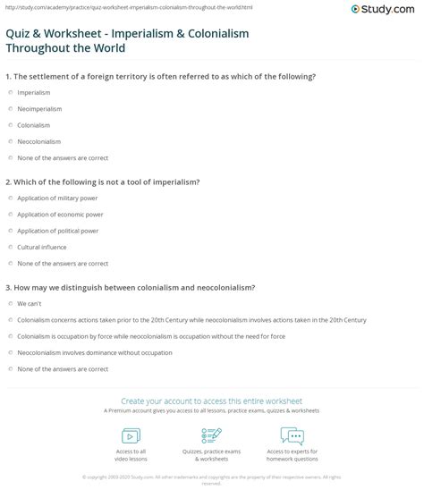 Quiz & Worksheet - Imperialism & Colonialism Throughout the World | Study.com